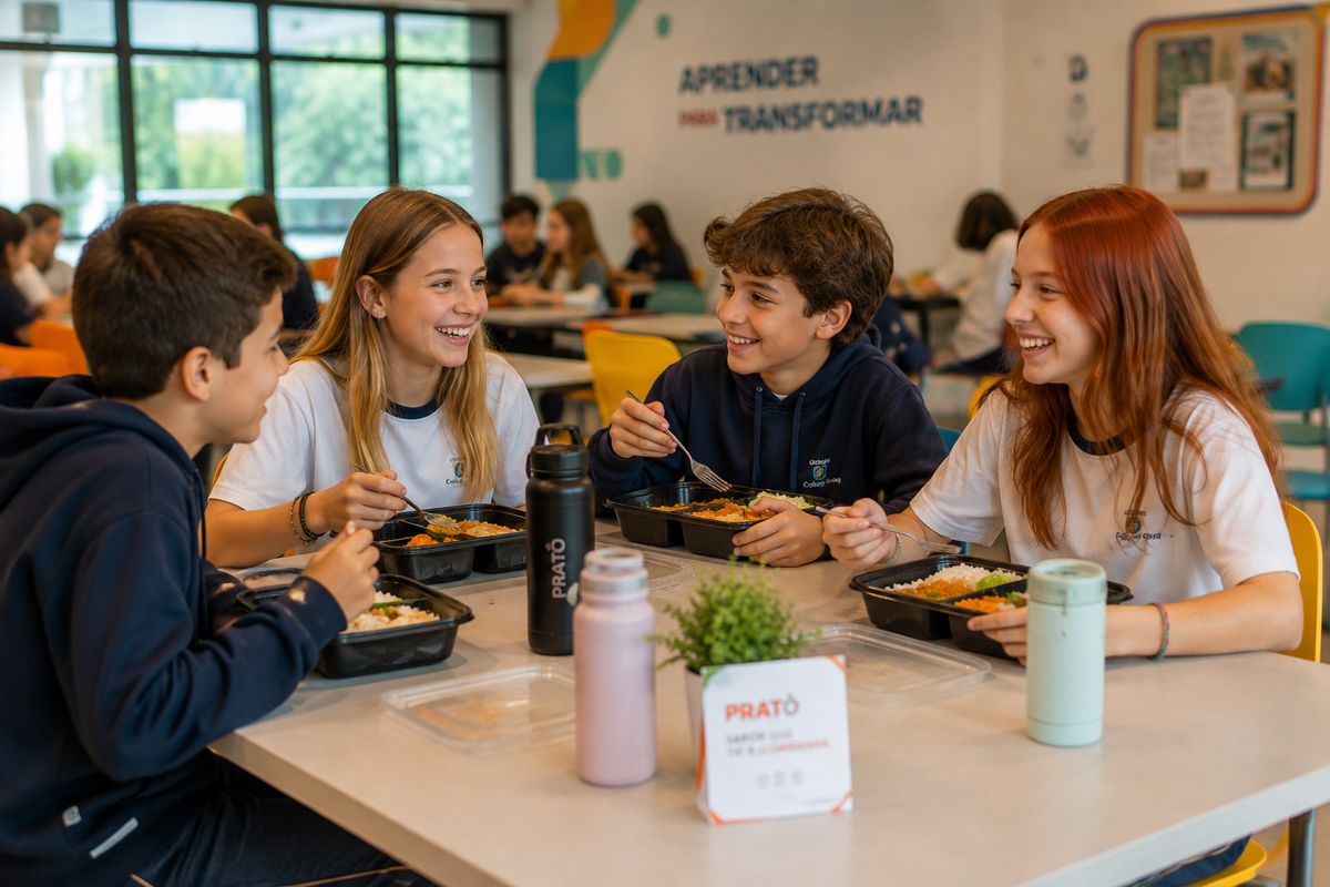 Alunos almoçando com as marmitas da Pratô no refeitório do colégio