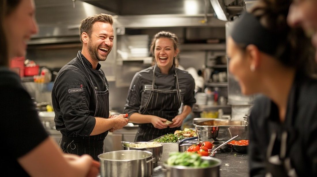 Equipe de cozinha se divertindo durante o preparo das refeições