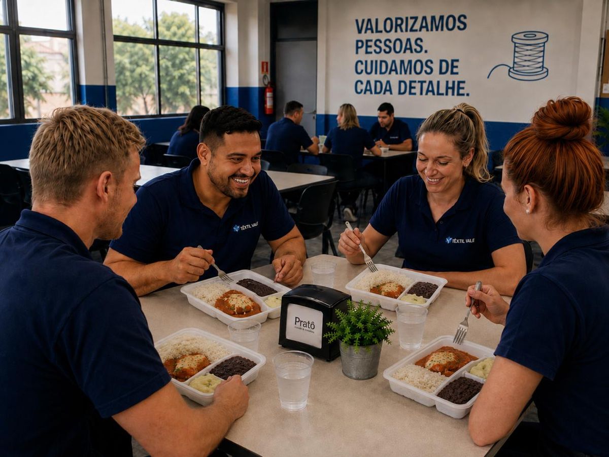 Colaboradores de indústria almoçando refeições da Pratô no refeitório da empresa